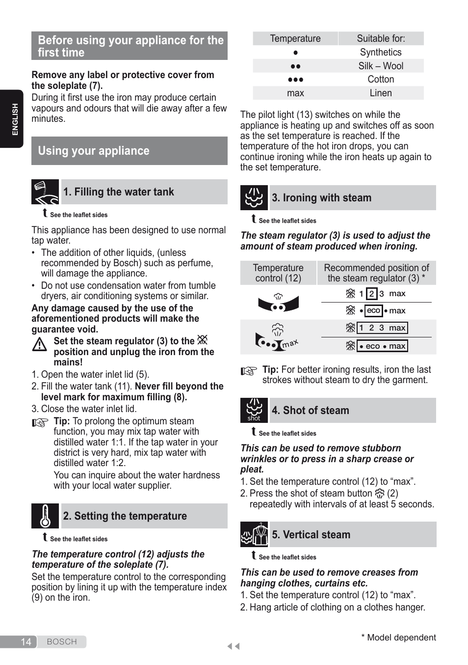 Before using your appliance for the first time, Using your appliance, Filling the water tank | Setting the temperature, Ironing with steam, Shot of steam, Vertical steam | Bosch Dampfbügeleisen Sensixxx DA50 ProEnergy TDA502412E weiß grün User Manual | Page 16 / 128