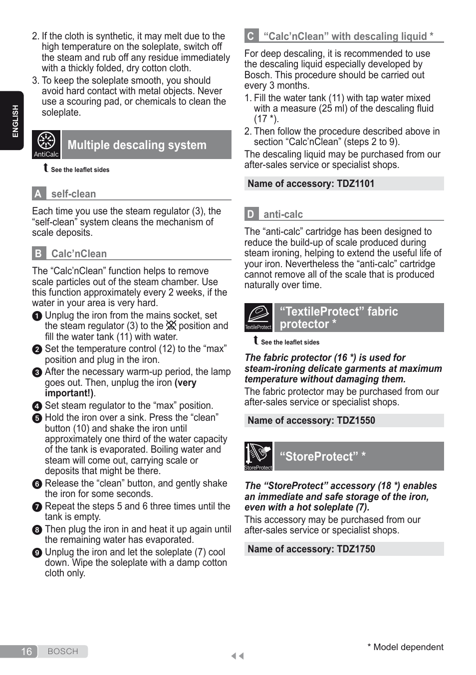 Multiple descaling system, Textileprotect” fabric protector, Storeprotect | Bosch Dampfbügeleisen Sensixxx DA50 ProEnergy TDA502412E weiß grün User Manual | Page 18 / 128