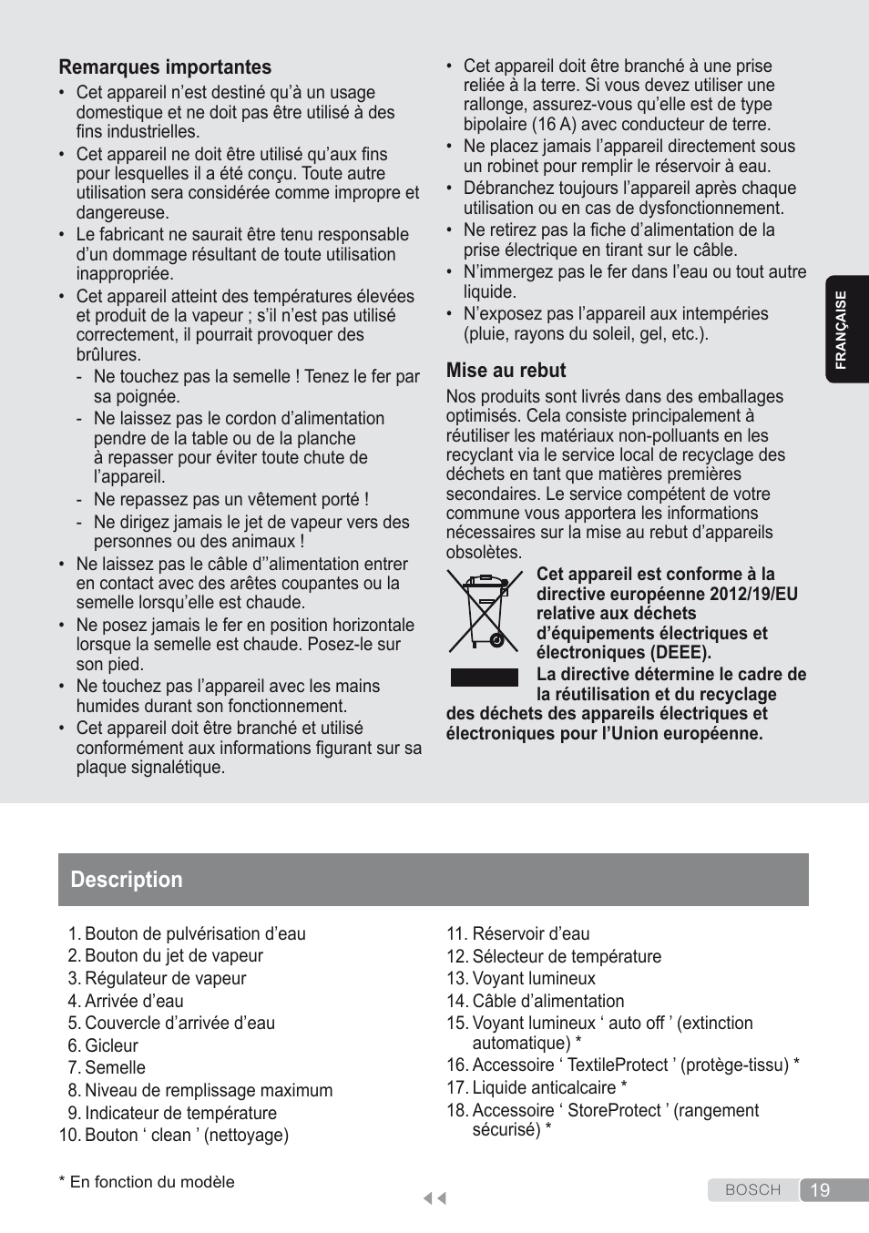 Description | Bosch Dampfbügeleisen Sensixxx DA50 ProEnergy TDA502412E weiß grün User Manual | Page 21 / 128