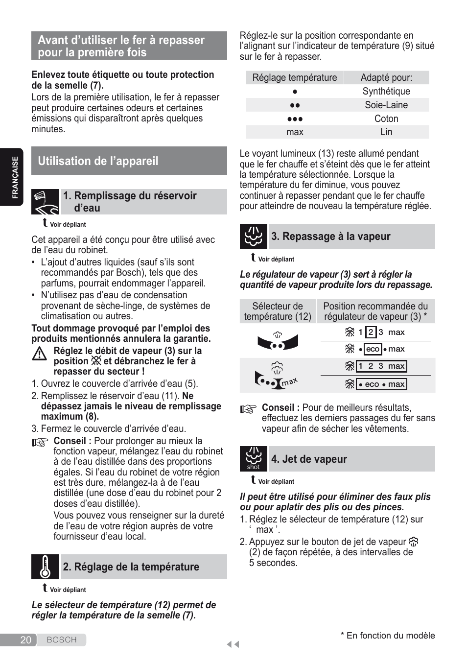 Utilisation de l’appareil, Remplissage du réservoir d’eau, Réglage de la température | Repassage à la vapeur, Jet de vapeur | Bosch Dampfbügeleisen Sensixxx DA50 ProEnergy TDA502412E weiß grün User Manual | Page 22 / 128