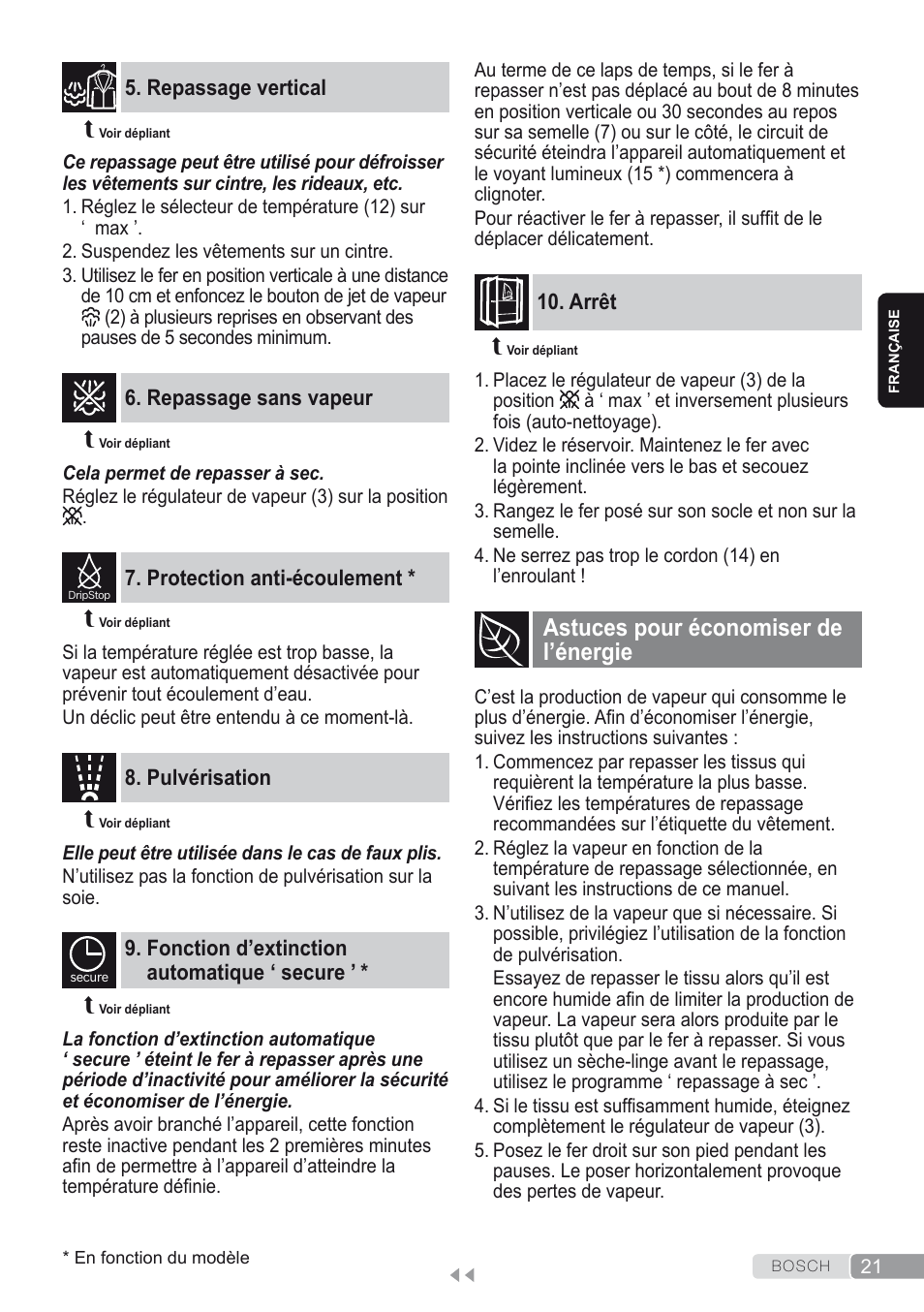 Repassage vertical, Repassage sans vapeur, Protection anti-écoulement | Pulvérisation, Fonction d’extinction automatique ‘ secure, Arrêt, Astuces pour économiser de l’énergie | Bosch Dampfbügeleisen Sensixxx DA50 ProEnergy TDA502412E weiß grün User Manual | Page 23 / 128