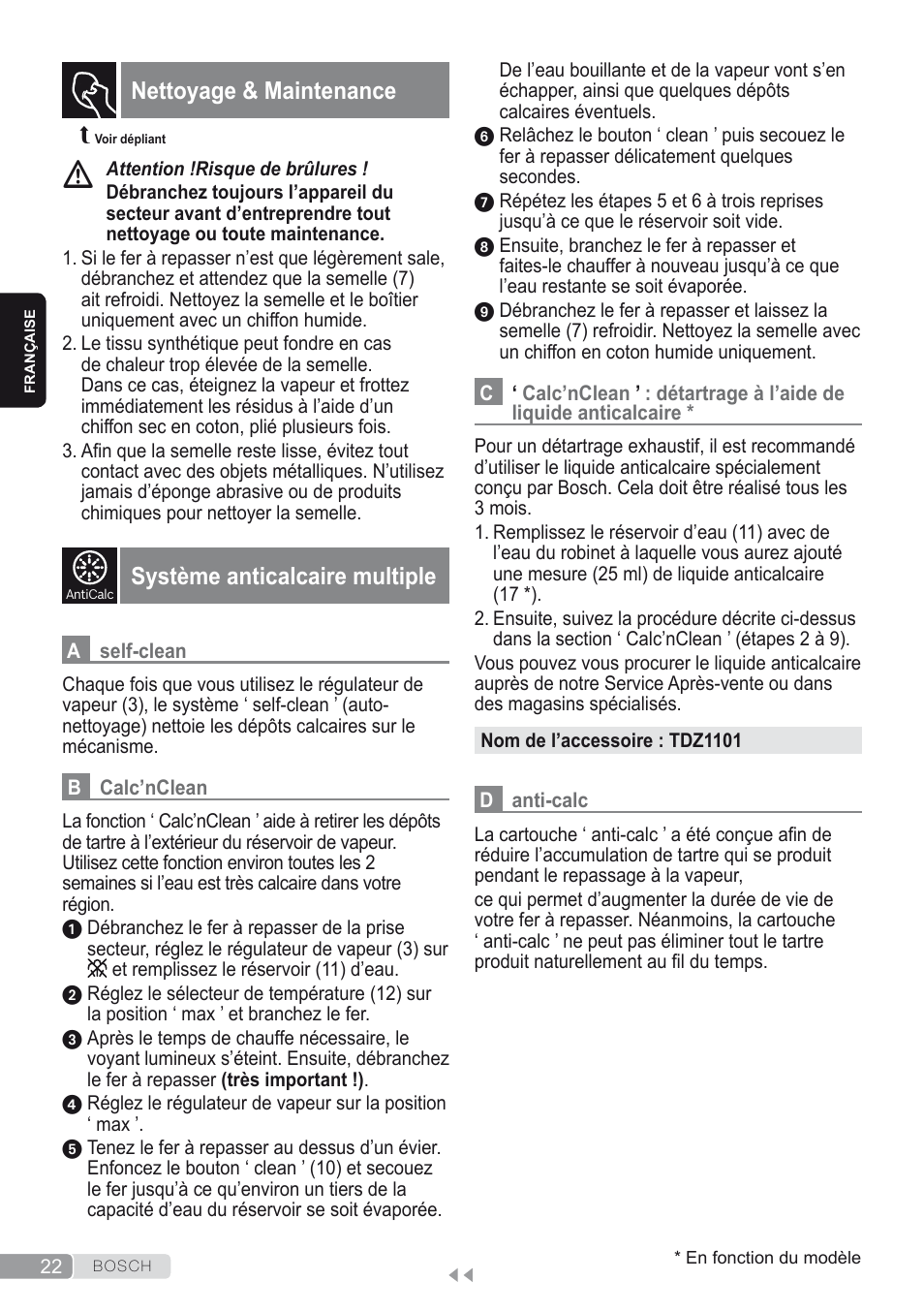 Nettoyage & maintenance, Système anticalcaire multiple | Bosch Dampfbügeleisen Sensixxx DA50 ProEnergy TDA502412E weiß grün User Manual | Page 24 / 128