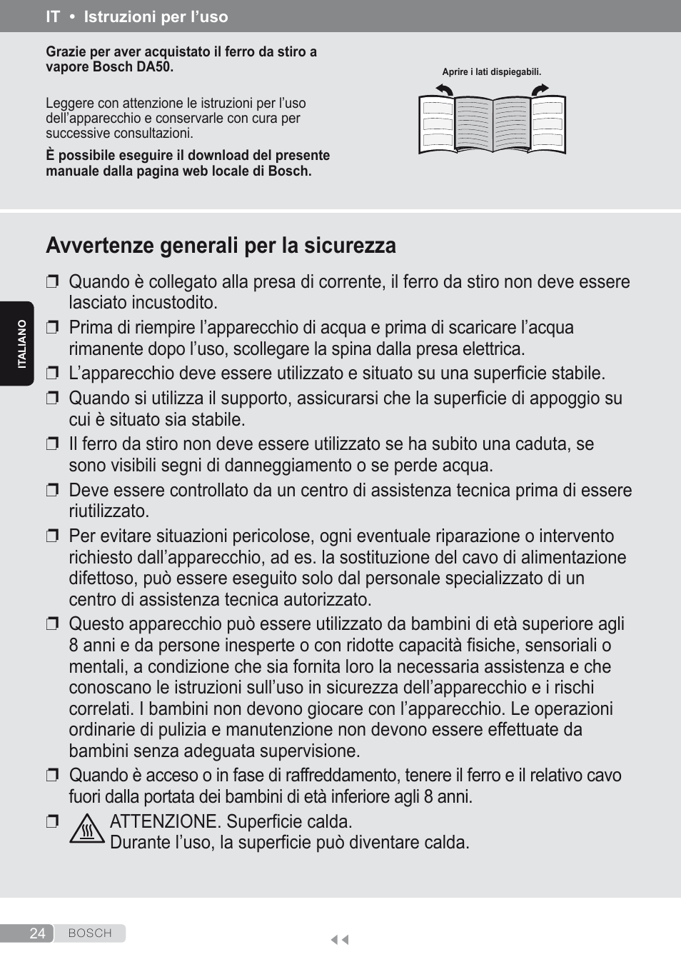 Italiano, Avvertenze generali per la sicurezza | Bosch Dampfbügeleisen Sensixxx DA50 ProEnergy TDA502412E weiß grün User Manual | Page 26 / 128