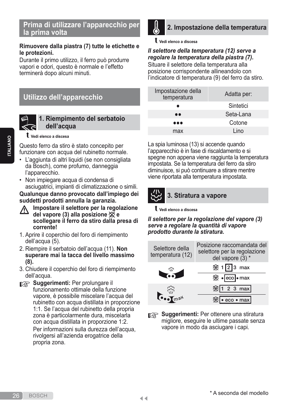 Utilizzo dell’apparecchio, Riempimento del serbatoio dell’acqua, Impostazione della temperatura | Stiratura a vapore | Bosch Dampfbügeleisen Sensixxx DA50 ProEnergy TDA502412E weiß grün User Manual | Page 28 / 128