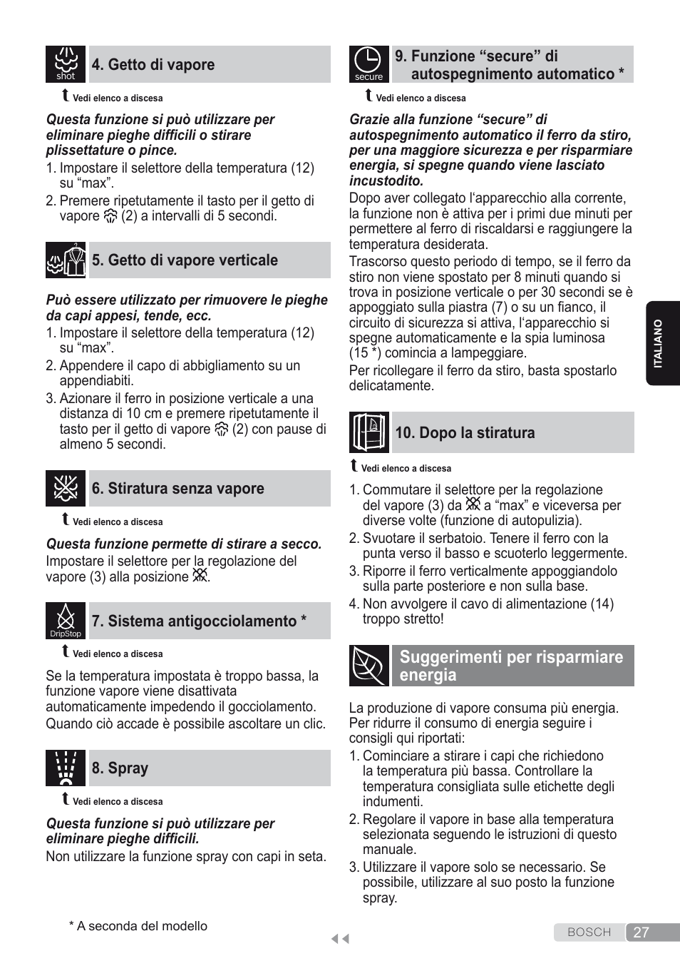 Getto di vapore, Getto di vapore verticale, Stiratura senza vapore | Sistema antigocciolamento, Funzione “secure” di autospegnimento automatico, Dopo la stiratura, Suggerimenti per risparmiare energia | Bosch Dampfbügeleisen Sensixxx DA50 ProEnergy TDA502412E weiß grün User Manual | Page 29 / 128