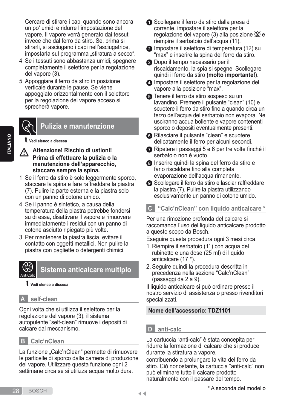 Pulizia e manutenzione, Sistema anticalcare multiplo | Bosch Dampfbügeleisen Sensixxx DA50 ProEnergy TDA502412E weiß grün User Manual | Page 30 / 128