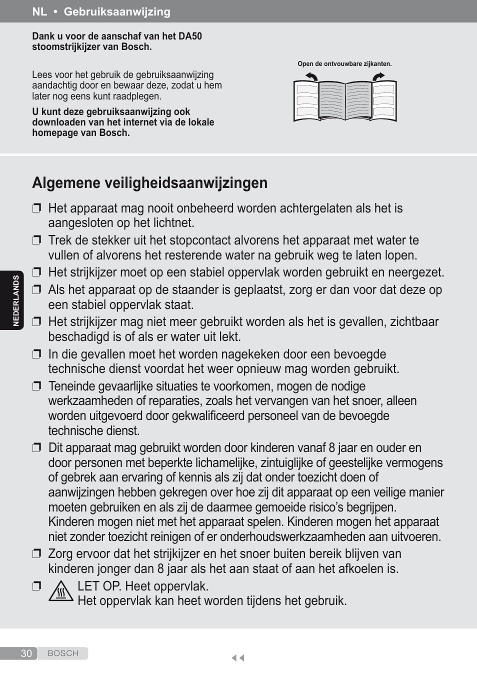 Nederlands, Algemene veiligheidsaanwijzingen | Bosch Dampfbügeleisen Sensixxx DA50 ProEnergy TDA502412E weiß grün User Manual | Page 32 / 128