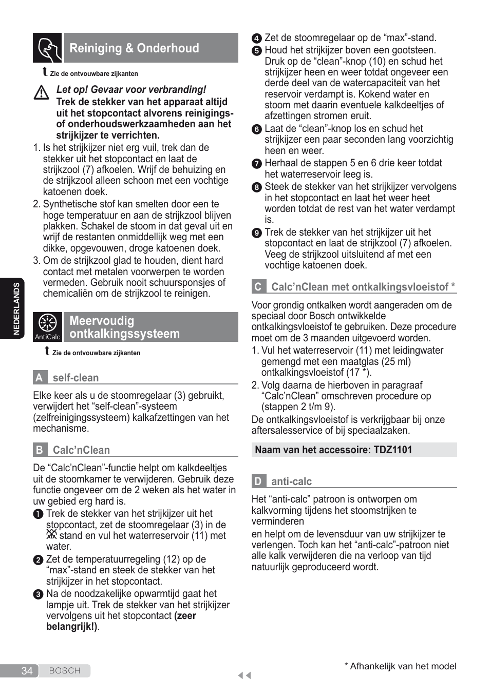 Reiniging & onderhoud, Meervoudig ontkalkingssysteem | Bosch Dampfbügeleisen Sensixxx DA50 ProEnergy TDA502412E weiß grün User Manual | Page 36 / 128