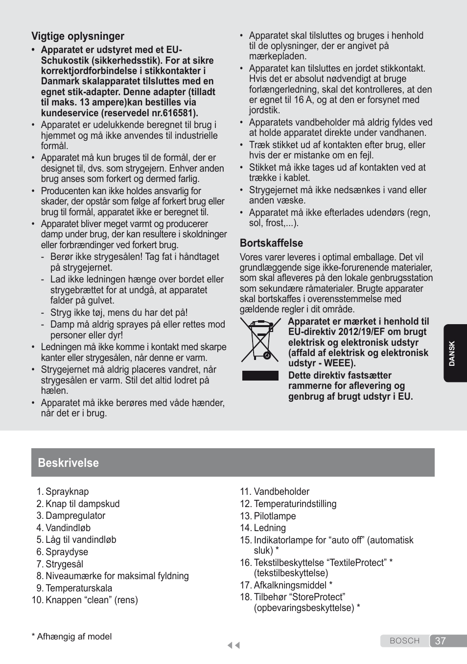 Beskrivelse | Bosch Dampfbügeleisen Sensixxx DA50 ProEnergy TDA502412E weiß grün User Manual | Page 39 / 128