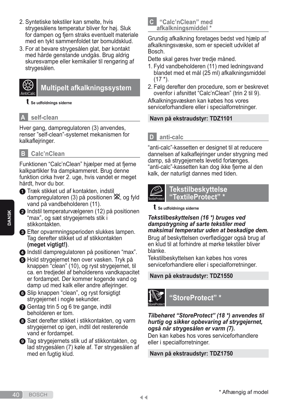 Multipelt afkalkningssystem, Tekstilbeskyttelse “textileprotect, Storeprotect | Bosch Dampfbügeleisen Sensixxx DA50 ProEnergy TDA502412E weiß grün User Manual | Page 42 / 128