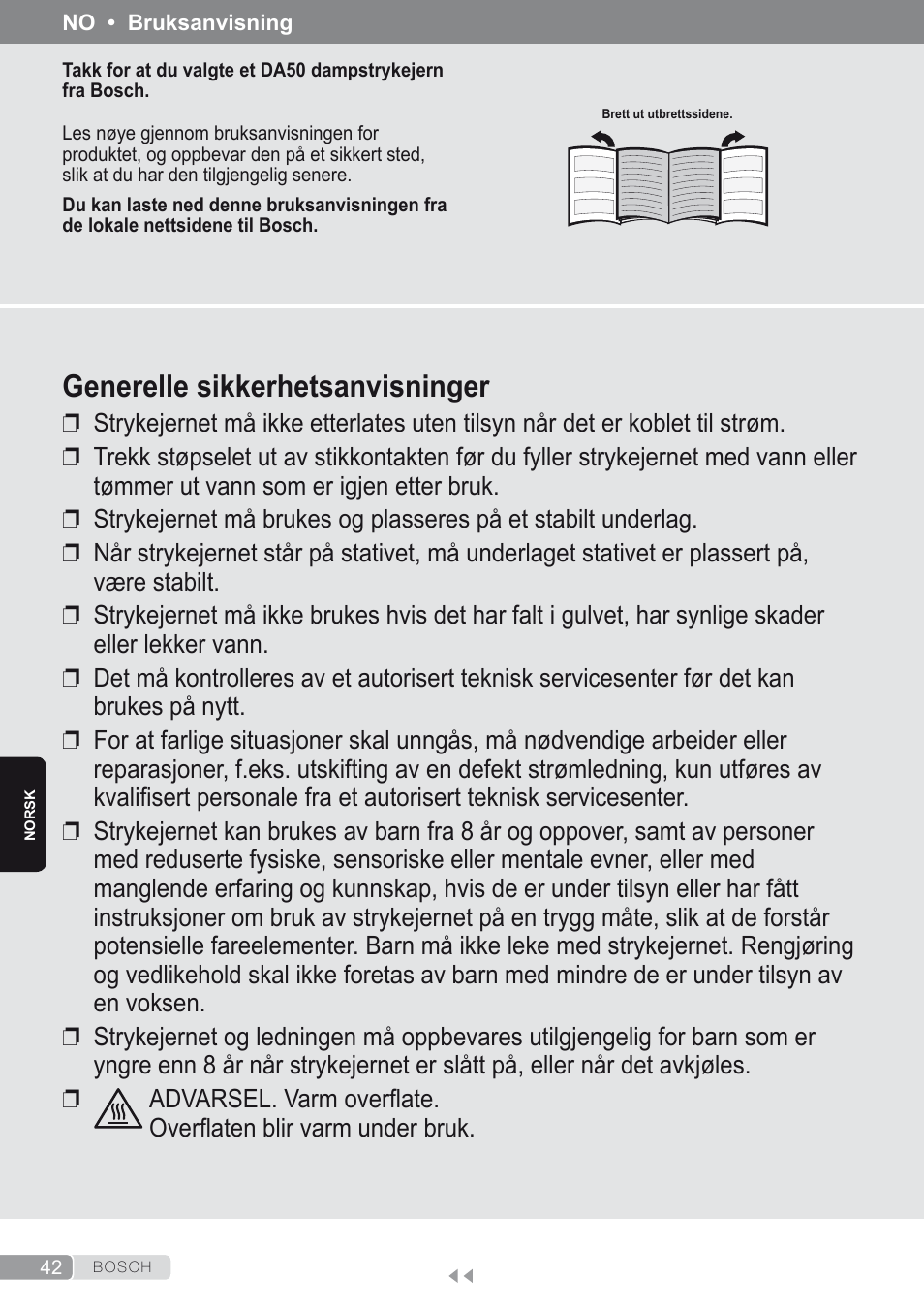 Norsk, Generelle sikkerhetsanvisninger | Bosch Dampfbügeleisen Sensixxx DA50 ProEnergy TDA502412E weiß grün User Manual | Page 44 / 128