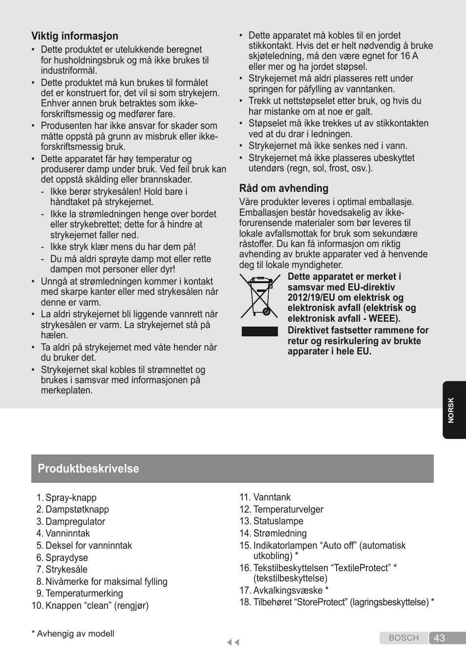 Produktbeskrivelse | Bosch Dampfbügeleisen Sensixxx DA50 ProEnergy TDA502412E weiß grün User Manual | Page 45 / 128