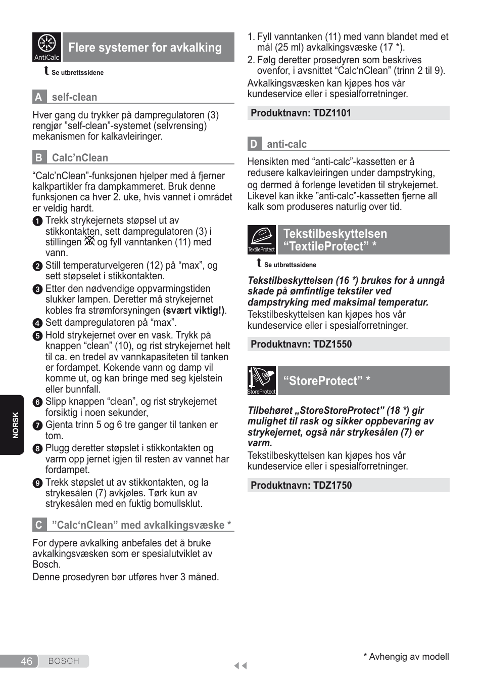 Flere systemer for avkalking, Tekstilbeskyttelsen “textileprotect, Storeprotect | Bosch Dampfbügeleisen Sensixxx DA50 ProEnergy TDA502412E weiß grün User Manual | Page 48 / 128