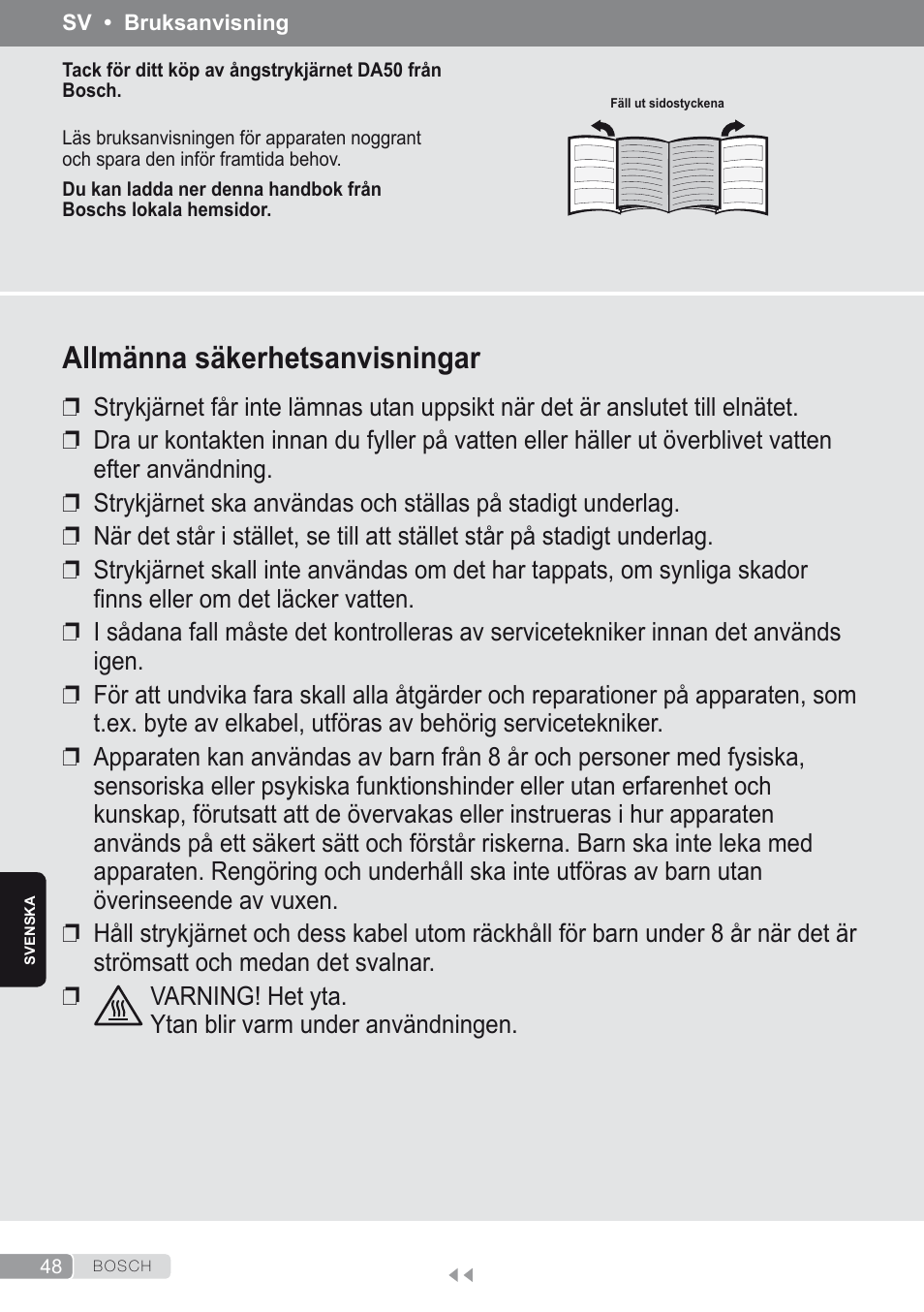 Svenska, Allmänna säkerhetsanvisningar | Bosch Dampfbügeleisen Sensixxx DA50 ProEnergy TDA502412E weiß grün User Manual | Page 50 / 128