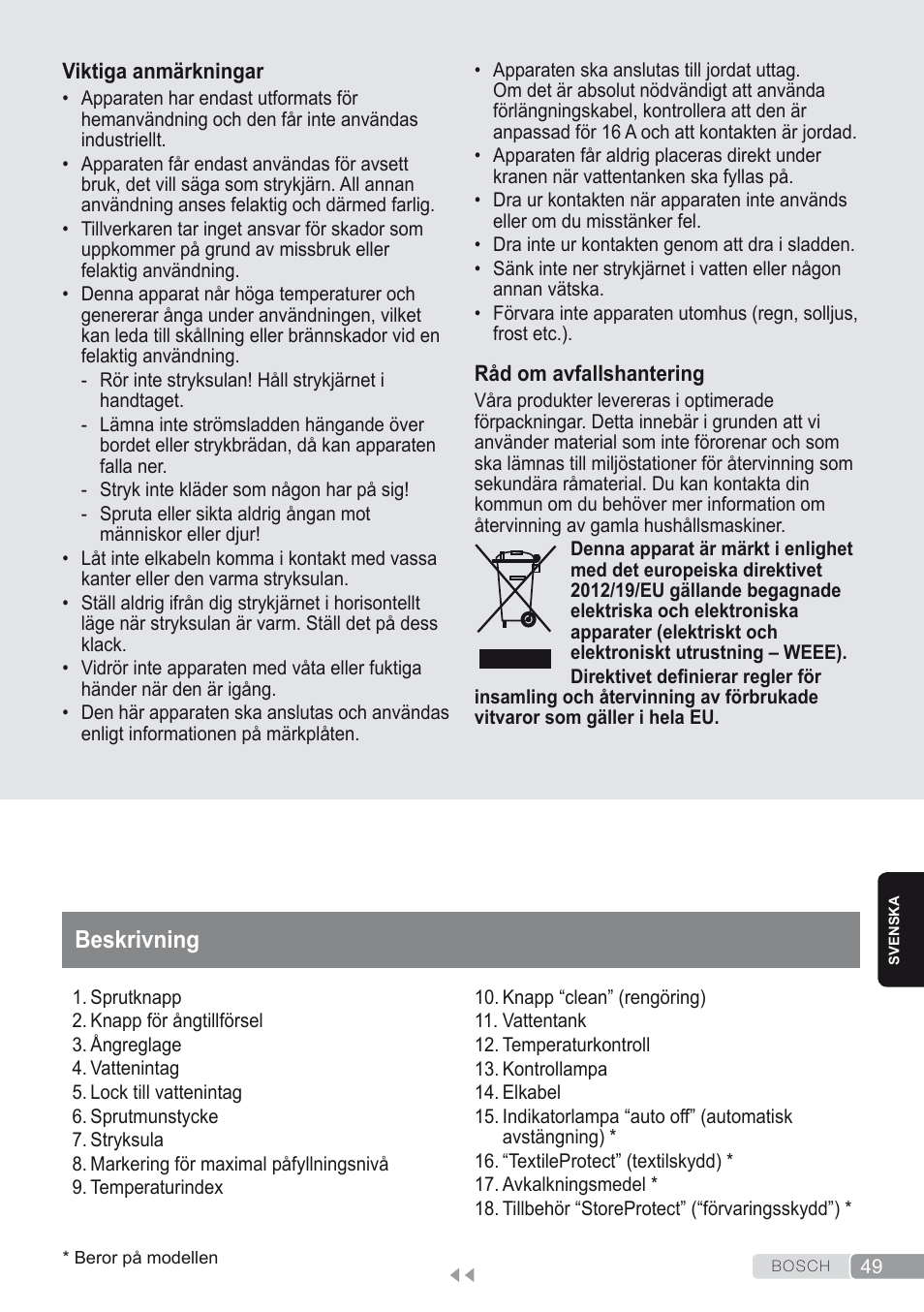 Beskrivning | Bosch Dampfbügeleisen Sensixxx DA50 ProEnergy TDA502412E weiß grün User Manual | Page 51 / 128