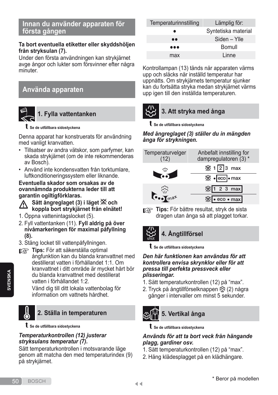 Innan du använder apparaten för första gången, Använda apparaten, Fylla vattentanken | Ställa in temperaturen, Att stryka med ånga, Ångtillförsel, Vertikal ånga | Bosch Dampfbügeleisen Sensixxx DA50 ProEnergy TDA502412E weiß grün User Manual | Page 52 / 128