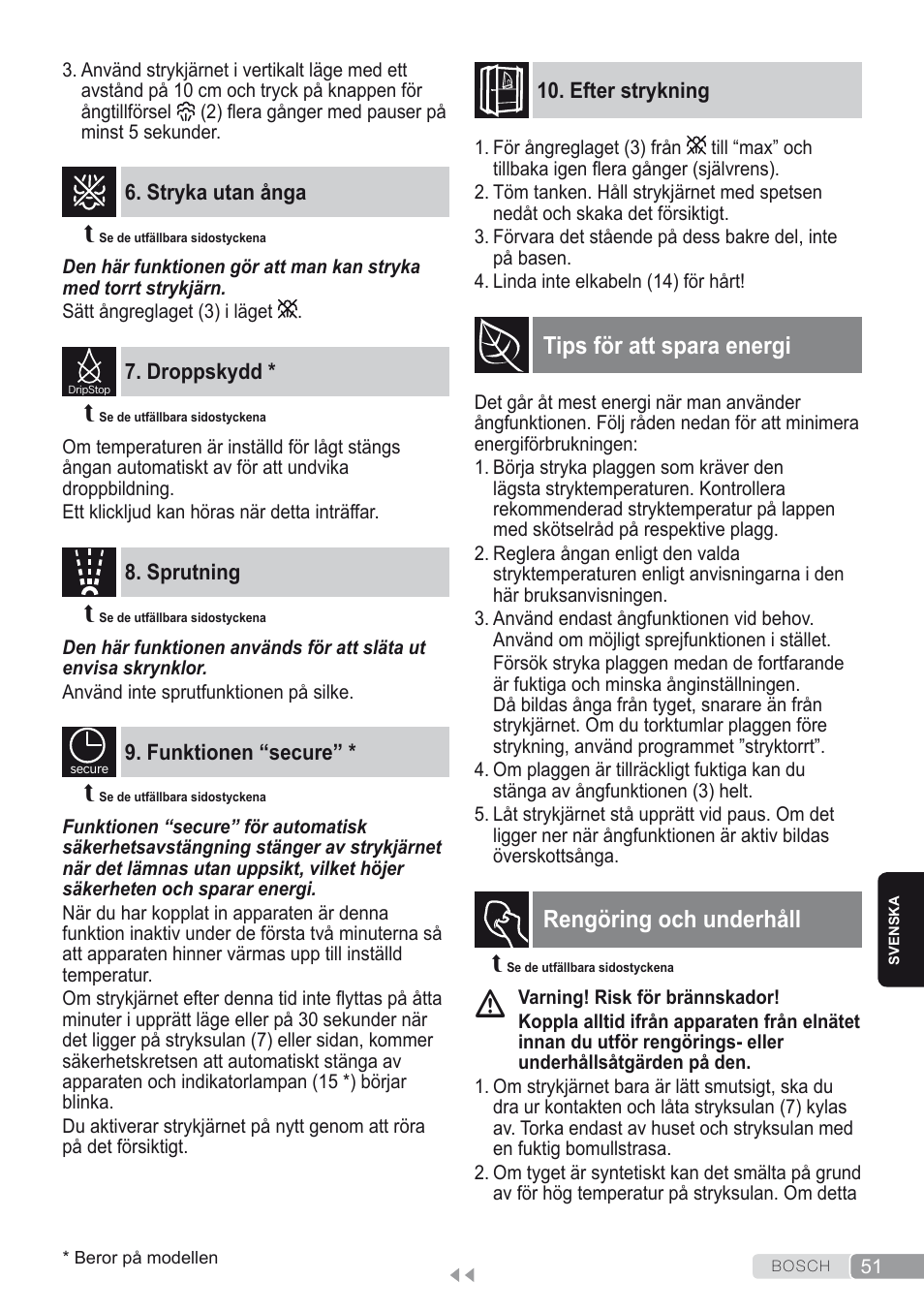 Stryka utan ånga, Droppskydd, Sprutning | Funktionen “secure, Efter strykning, Tips för att spara energi, Rengöring och underhåll | Bosch Dampfbügeleisen Sensixxx DA50 ProEnergy TDA502412E weiß grün User Manual | Page 53 / 128