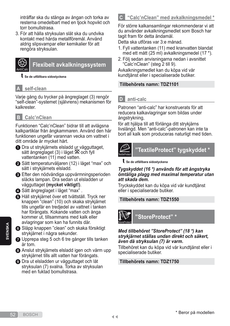 Flexibelt avkalkningssystem, Textileprotect” tygskyddet, Storeprotect | Bosch Dampfbügeleisen Sensixxx DA50 ProEnergy TDA502412E weiß grün User Manual | Page 54 / 128