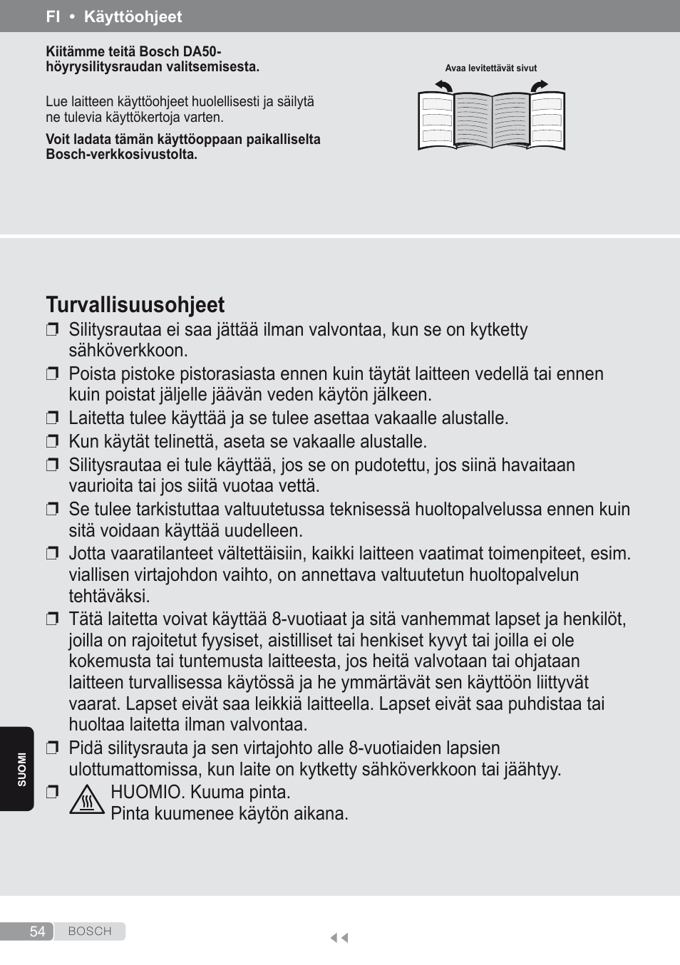 Suomi, Turvallisuusohjeet | Bosch Dampfbügeleisen Sensixxx DA50 ProEnergy TDA502412E weiß grün User Manual | Page 56 / 128