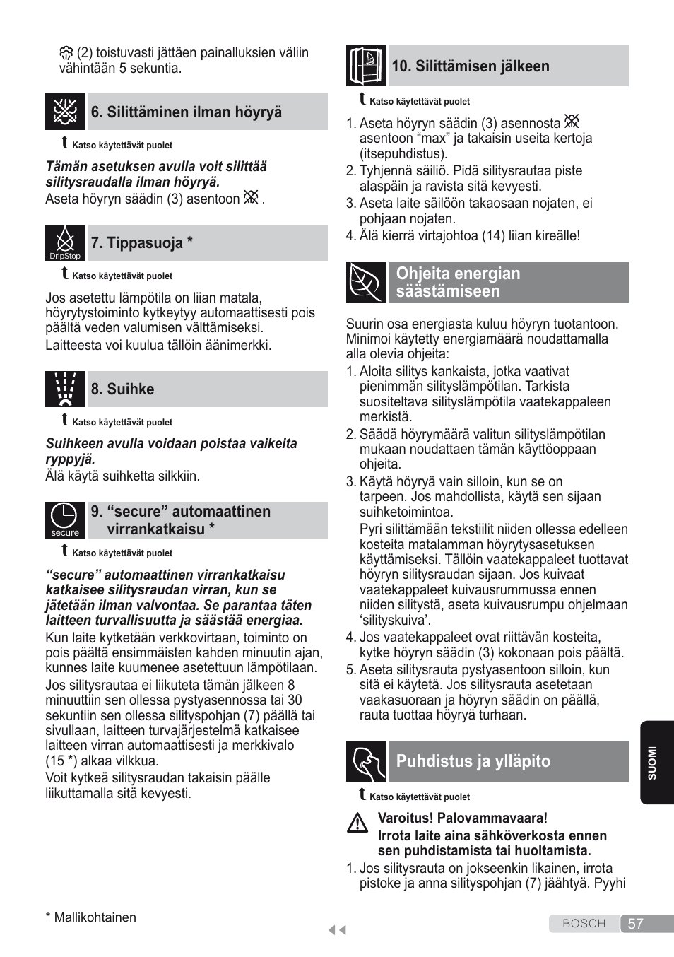 Silittäminen ilman höyryä, Tippasuoja, Suihke | “secure” automaattinen virrankatkaisu, Silittämisen jälkeen, Ohjeita energian säästämiseen, Puhdistus ja ylläpito | Bosch Dampfbügeleisen Sensixxx DA50 ProEnergy TDA502412E weiß grün User Manual | Page 59 / 128