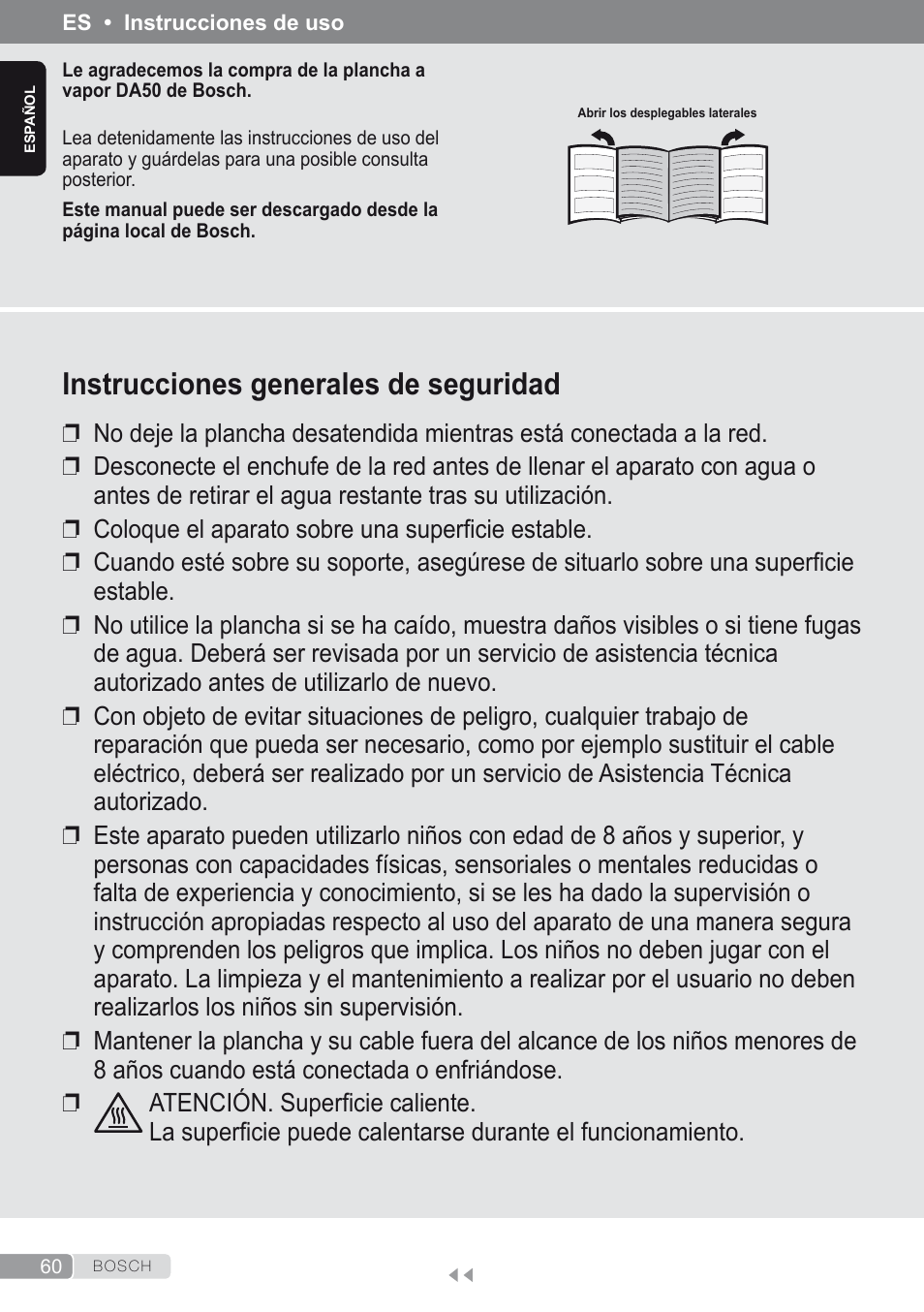 Español, Instrucciones generales de seguridad | Bosch Dampfbügeleisen Sensixxx DA50 ProEnergy TDA502412E weiß grün User Manual | Page 62 / 128