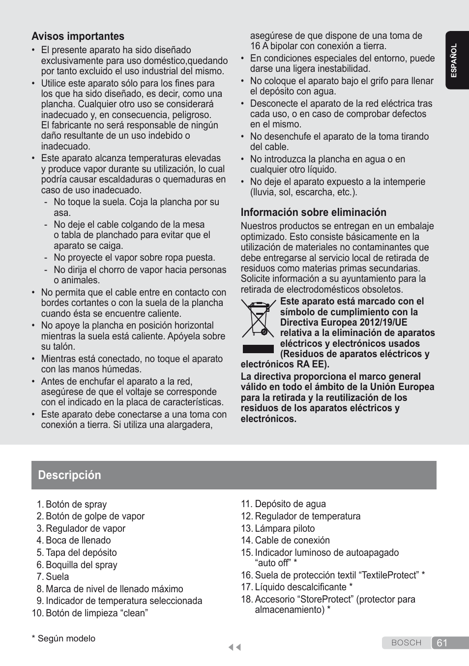 Descripción | Bosch Dampfbügeleisen Sensixxx DA50 ProEnergy TDA502412E weiß grün User Manual | Page 63 / 128