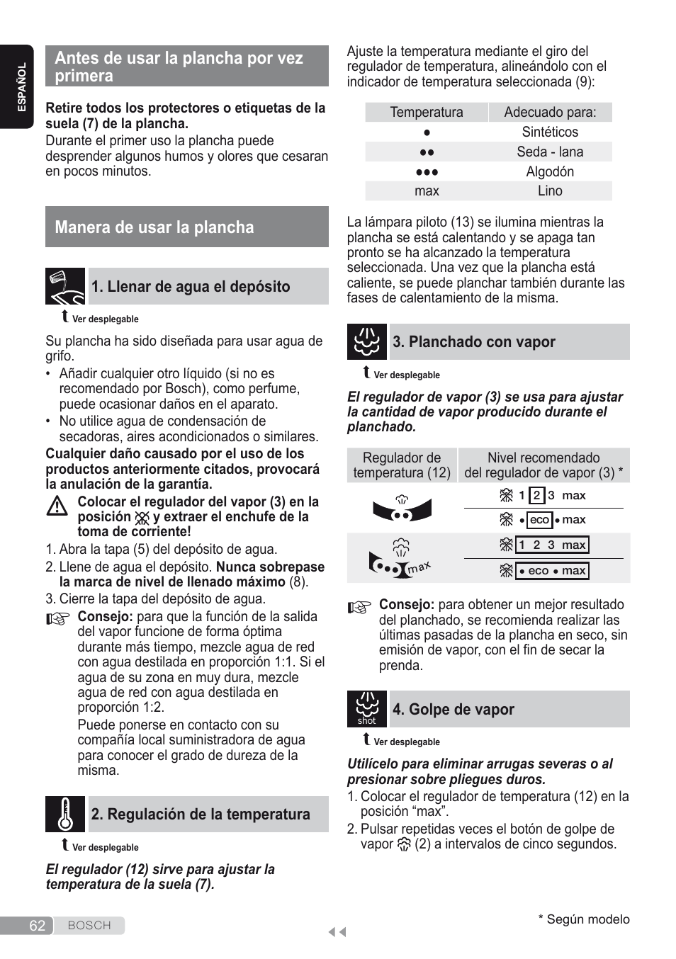 Antes de usar la plancha por vez primera, Manera de usar la plancha, Llenar de agua el depósito | Regulación de la temperatura, Planchado con vapor, Golpe de vapor | Bosch Dampfbügeleisen Sensixxx DA50 ProEnergy TDA502412E weiß grün User Manual | Page 64 / 128