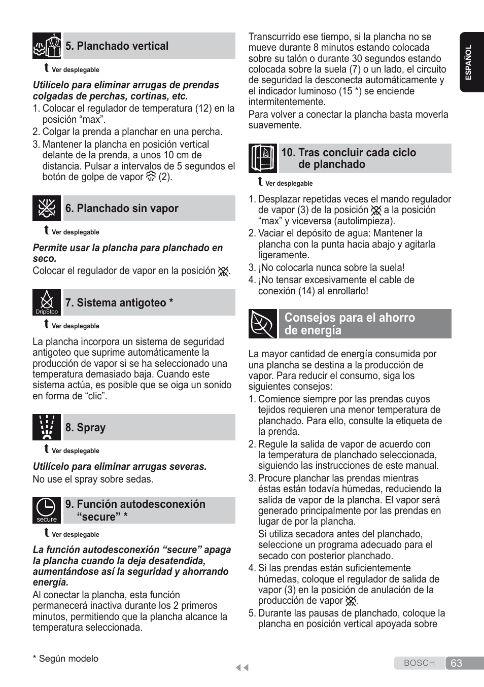 Planchado vertical, Planchado sin vapor, Sistema antigoteo | Spray, Función autodesconexión “secure, Tras concluir cada ciclo de planchado, Consejos para el ahorro de energía | Bosch Dampfbügeleisen Sensixxx DA50 ProEnergy TDA502412E weiß grün User Manual | Page 65 / 128