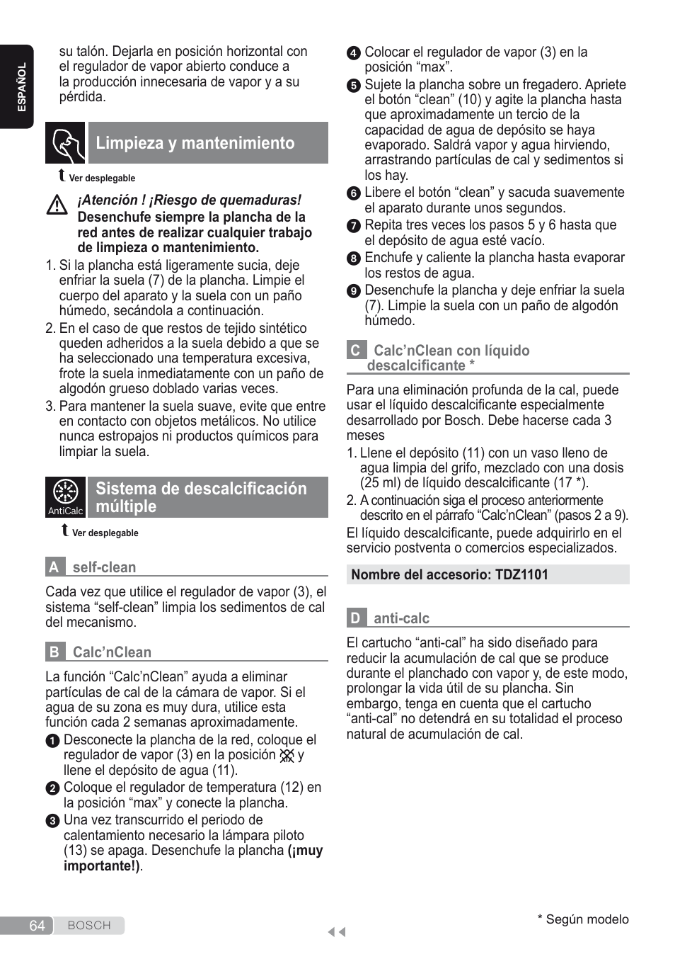 Limpieza y mantenimiento, Sistema de descalcificación múltiple | Bosch Dampfbügeleisen Sensixxx DA50 ProEnergy TDA502412E weiß grün User Manual | Page 66 / 128