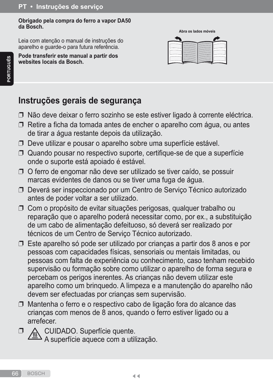 Português, Instruções gerais de segurança | Bosch Dampfbügeleisen Sensixxx DA50 ProEnergy TDA502412E weiß grün User Manual | Page 68 / 128