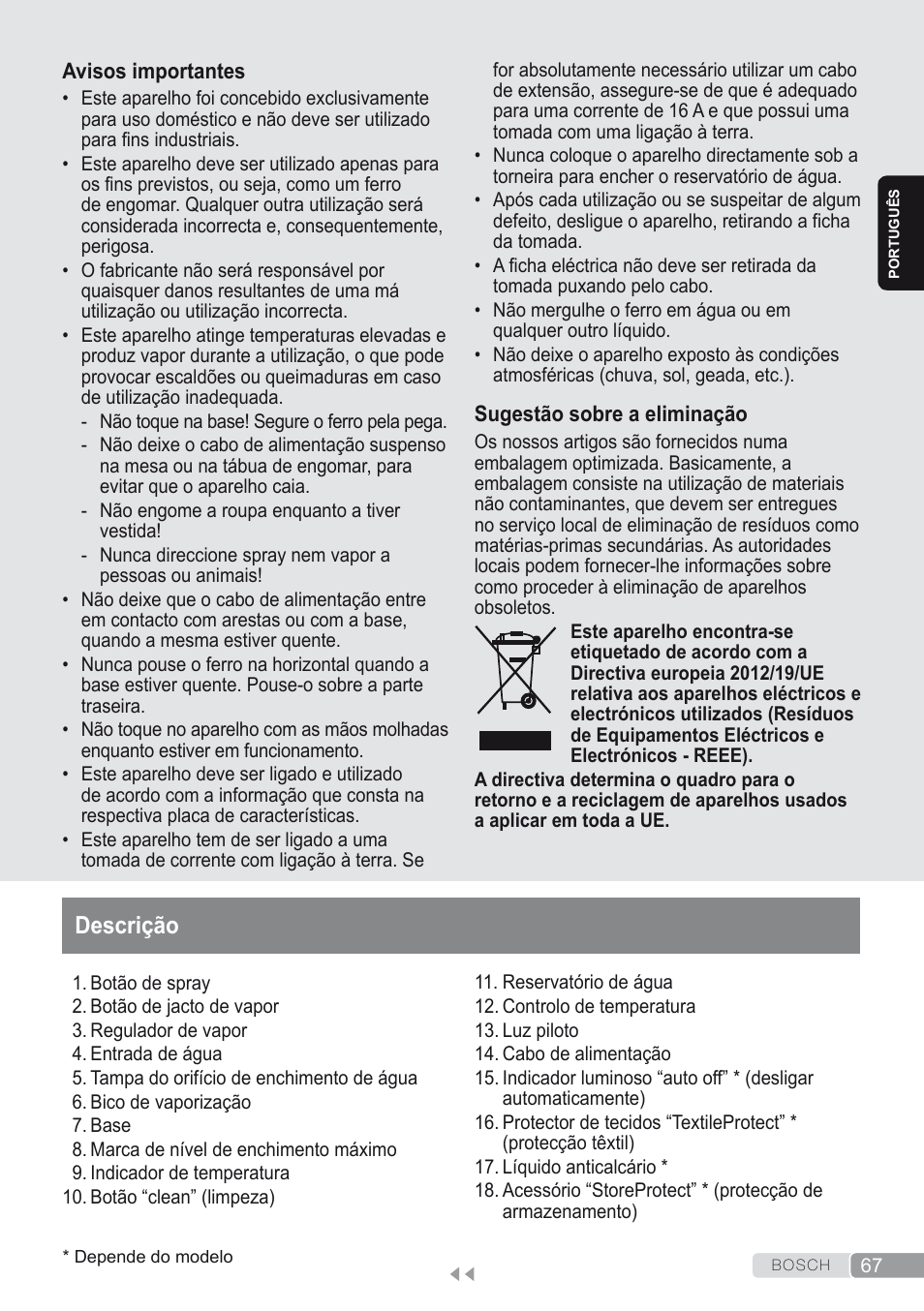 Descrição | Bosch Dampfbügeleisen Sensixxx DA50 ProEnergy TDA502412E weiß grün User Manual | Page 69 / 128