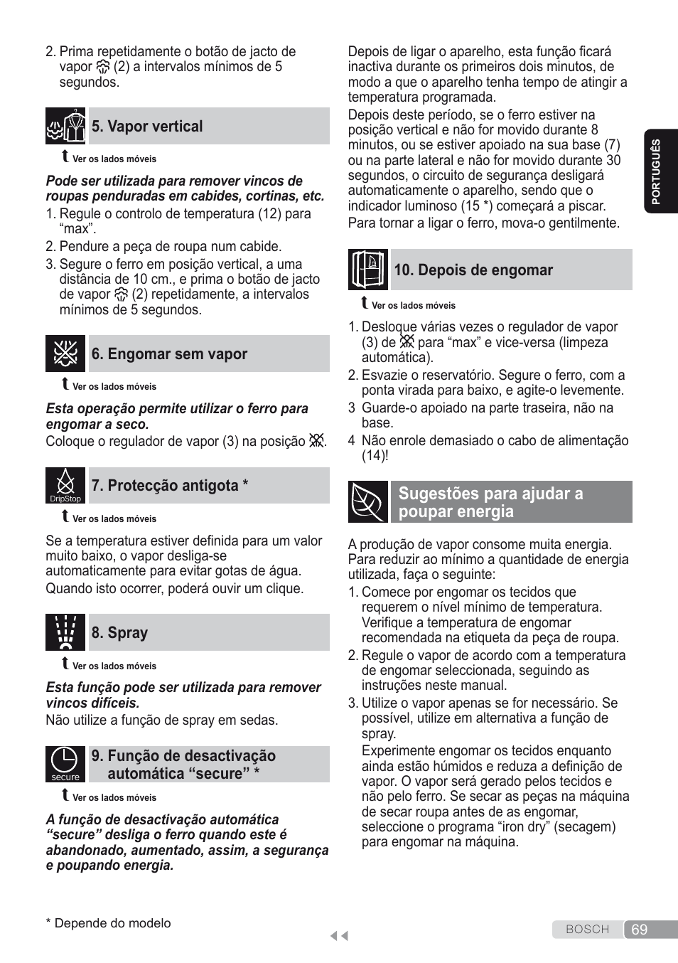 Spray, Vapor vertical, Engomar sem vapor | Protecção antigota, Função de desactivação automática “secure, Depois de engomar, Sugestões para ajudar a poupar energia | Bosch Dampfbügeleisen Sensixxx DA50 ProEnergy TDA502412E weiß grün User Manual | Page 71 / 128