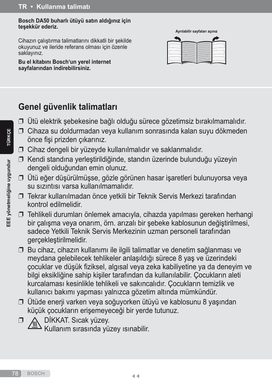 Türkçe, Genel güvenlik talimatları | Bosch Dampfbügeleisen Sensixxx DA50 ProEnergy TDA502412E weiß grün User Manual | Page 80 / 128