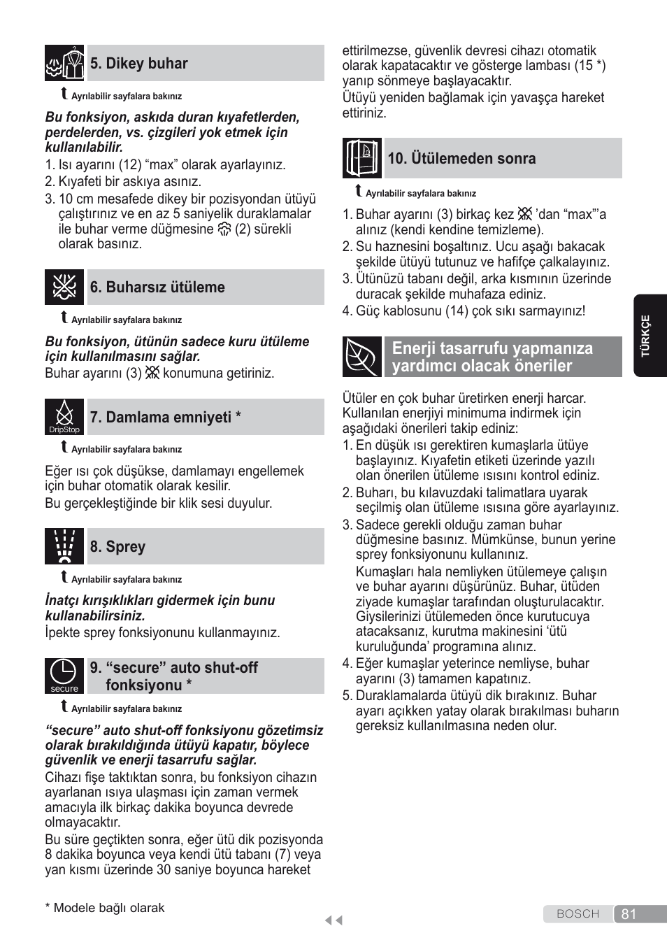 Dikey buhar, Buharsız ütüleme, Damlama emniyeti | Sprey, “secure” auto shut-off fonksiyonu, Ütülemeden sonra | Bosch Dampfbügeleisen Sensixxx DA50 ProEnergy TDA502412E weiß grün User Manual | Page 83 / 128