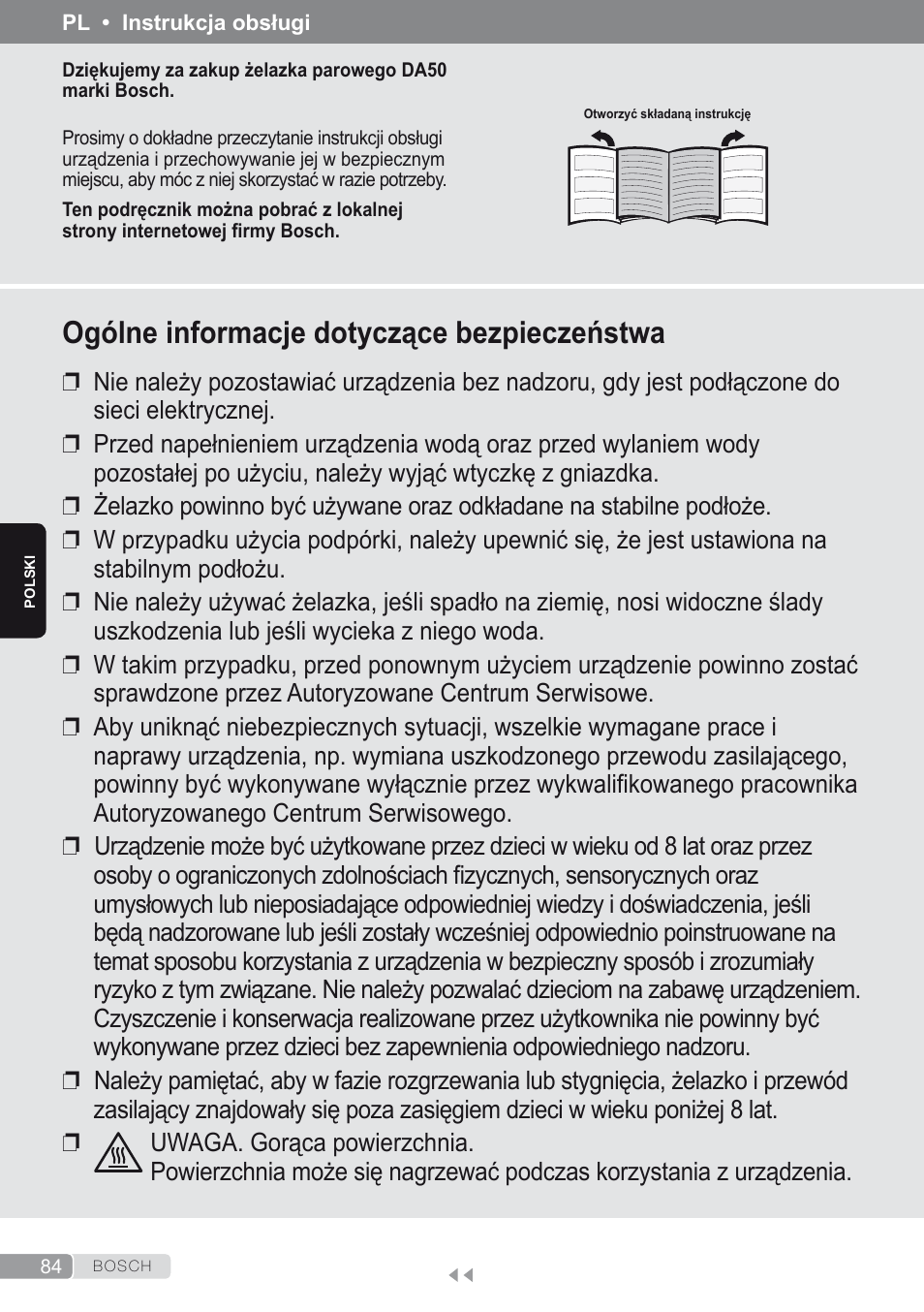 Polski, Ogólne informacje dotyczące bezpieczeństwa | Bosch Dampfbügeleisen Sensixxx DA50 ProEnergy TDA502412E weiß grün User Manual | Page 86 / 128