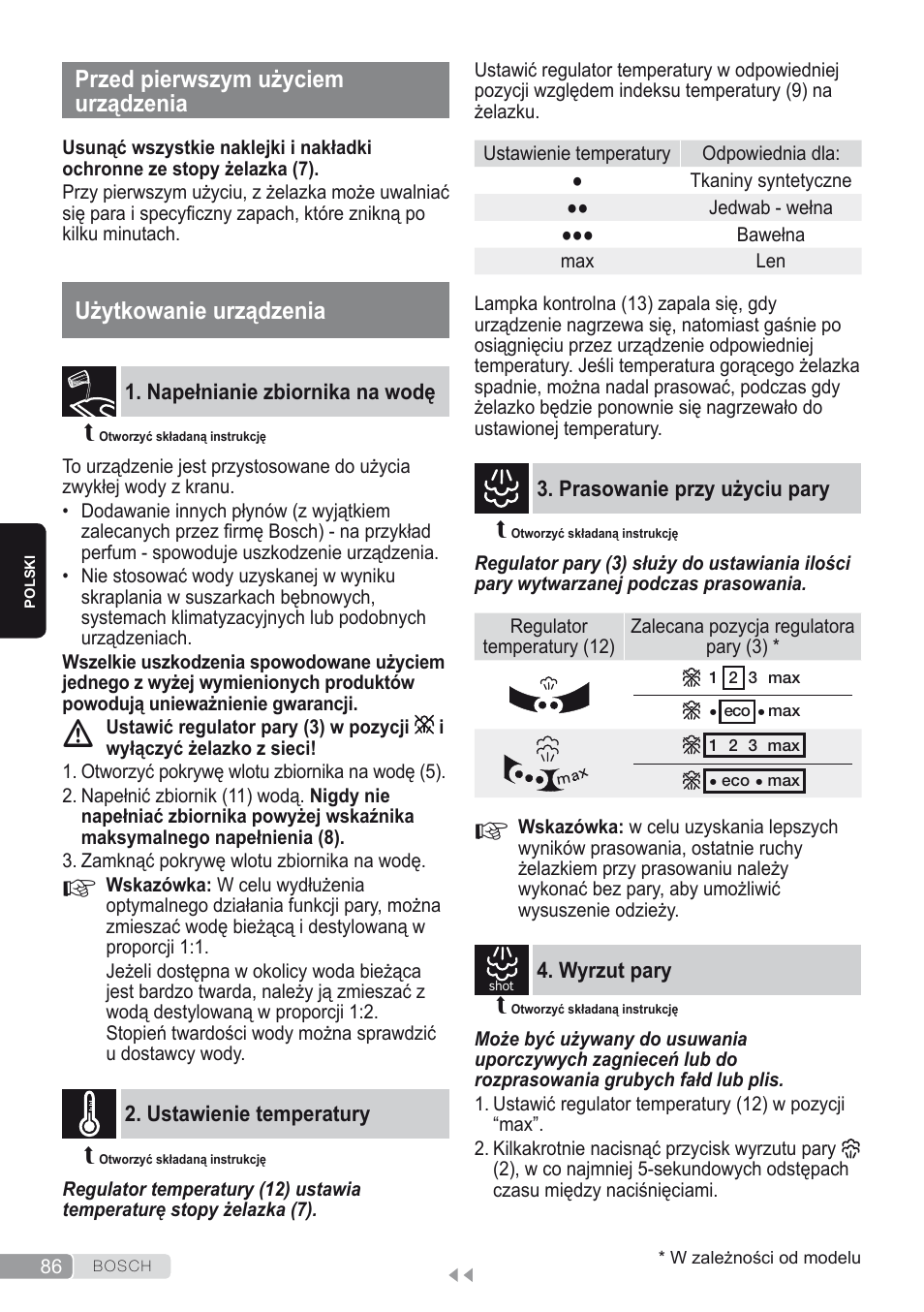 Przed pierwszym użyciem urządzenia, Użytkowanie urządzenia, Napełnianie zbiornika na wodę | Ustawienie temperatury, Prasowanie przy użyciu pary, Wyrzut pary | Bosch Dampfbügeleisen Sensixxx DA50 ProEnergy TDA502412E weiß grün User Manual | Page 88 / 128