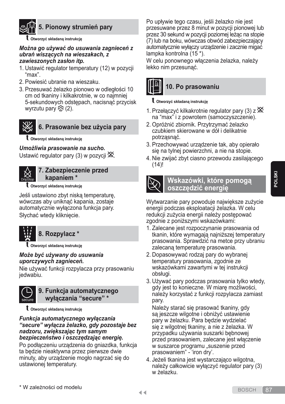 Pionowy strumień pary, Prasowanie bez użycia pary, Zabezpieczenie przed kapaniem | Rozpylacz, Funkcja automatycznego wyłączania “secure, Po prasowaniu, Wskazówki, które pomogą oszczędzić energię | Bosch Dampfbügeleisen Sensixxx DA50 ProEnergy TDA502412E weiß grün User Manual | Page 89 / 128