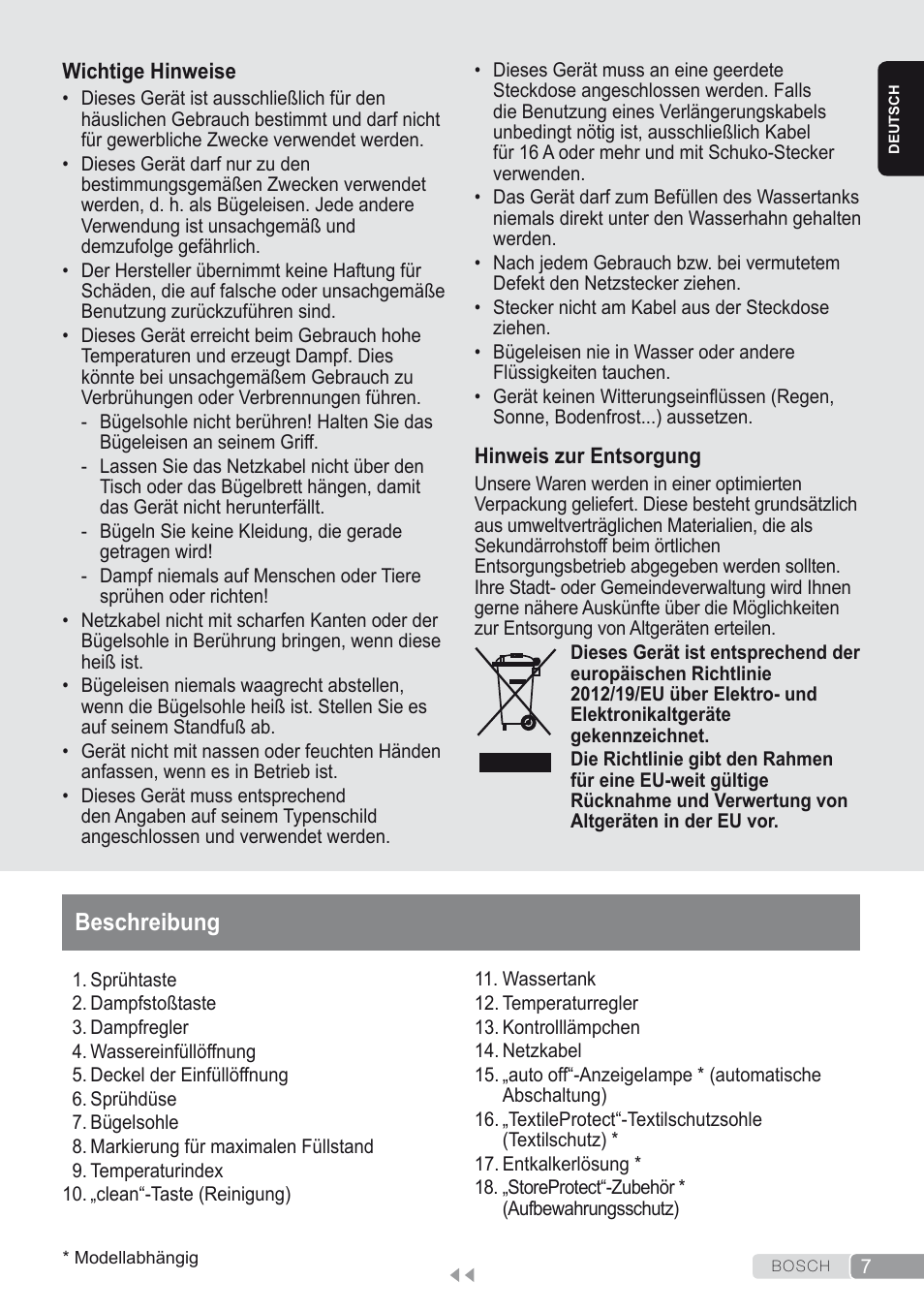 Beschreibung | Bosch Dampfbügeleisen Sensixxx DA50 ProEnergy TDA502412E weiß grün User Manual | Page 9 / 128