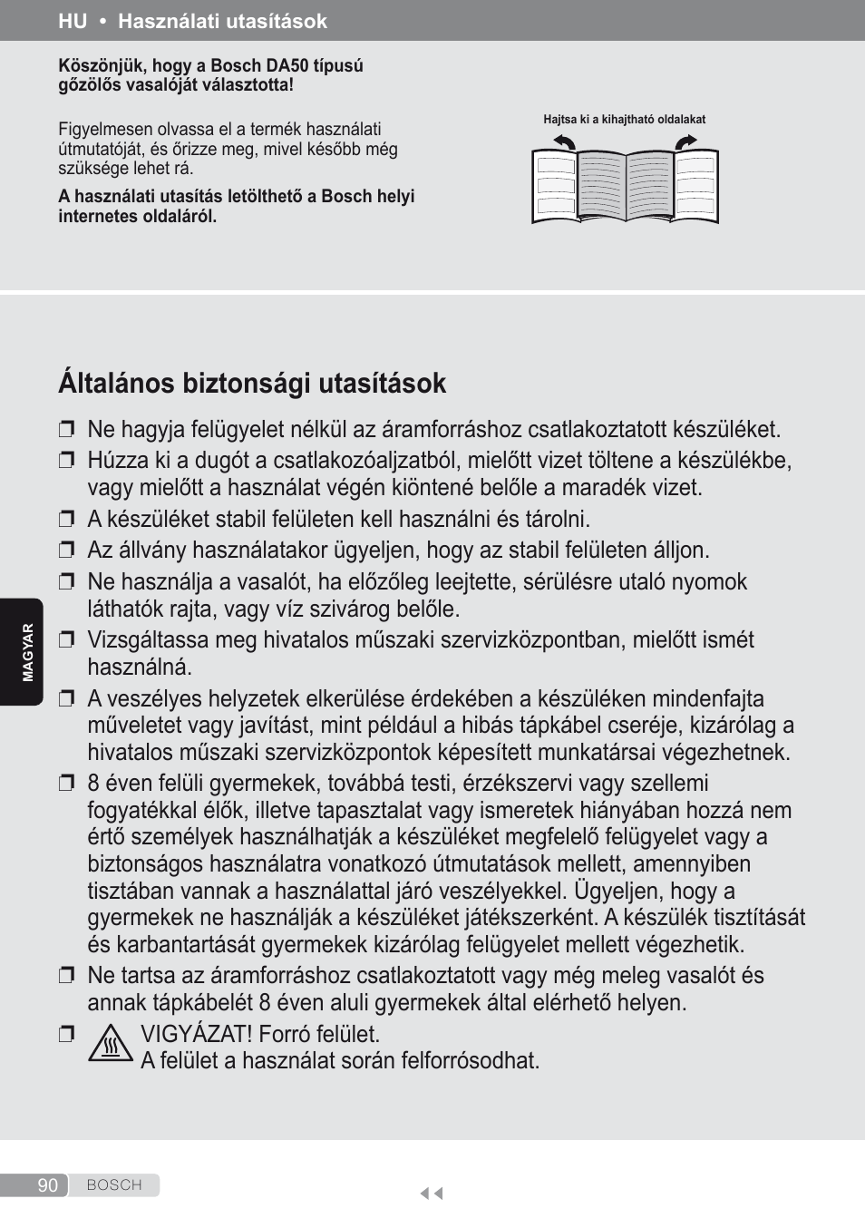 Magyar, Általános biztonsági utasítások | Bosch Dampfbügeleisen Sensixxx DA50 ProEnergy TDA502412E weiß grün User Manual | Page 92 / 128