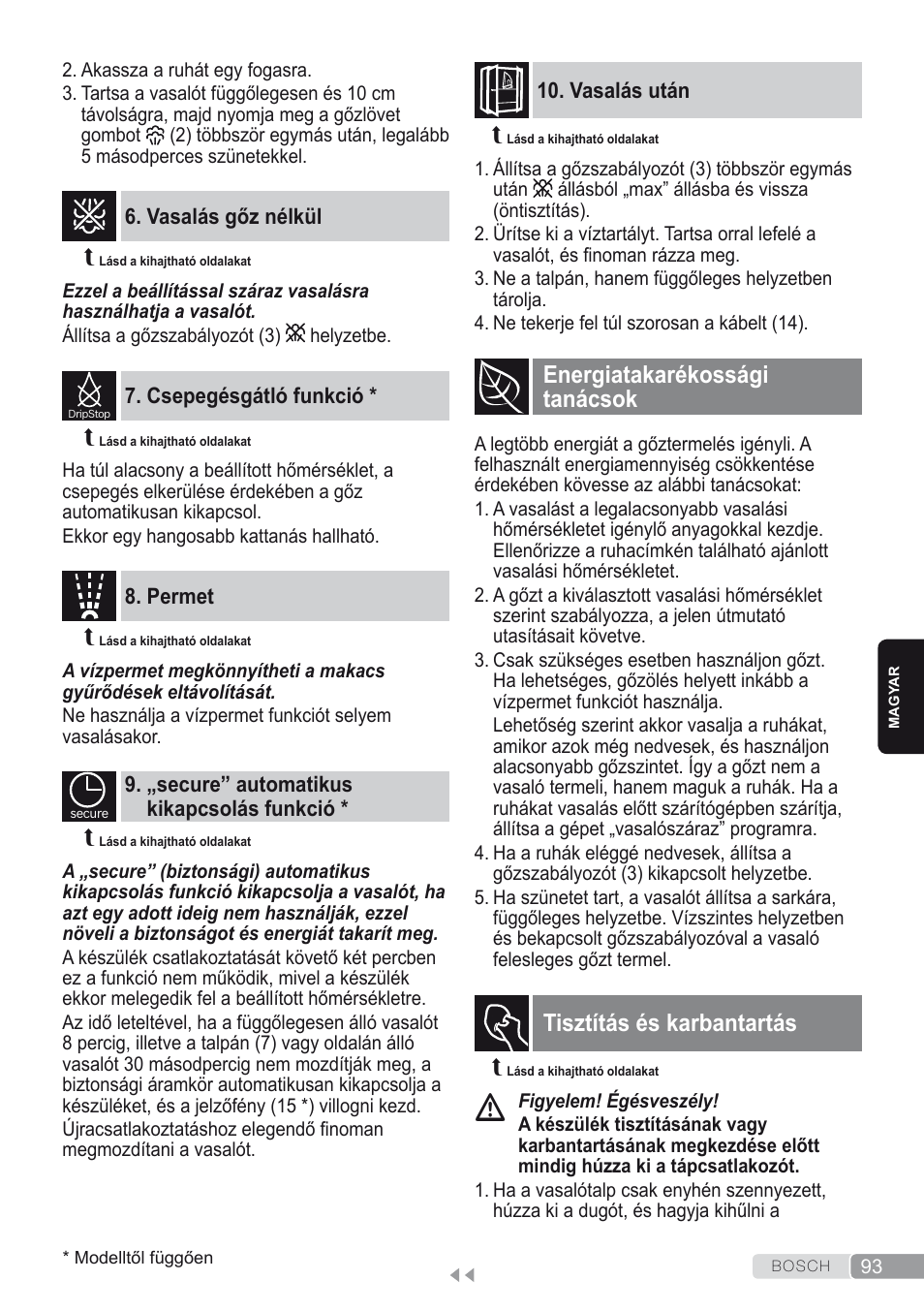 Vasalás gőz nélkül, Csepegésgátló funkció, Permet | „secure” automatikus kikapcsolás funkció, Vasalás után, Energiatakarékossági tanácsok, Tisztítás és karbantartás | Bosch Dampfbügeleisen Sensixxx DA50 ProEnergy TDA502412E weiß grün User Manual | Page 95 / 128