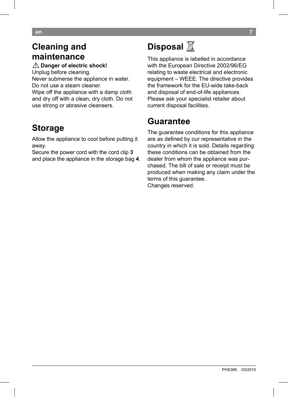 Cleaning and maintenance, Storage, Disposal | Guarantee | Bosch PHS3651 Haarglätter BrilliantCare Business User Manual | Page 11 / 64