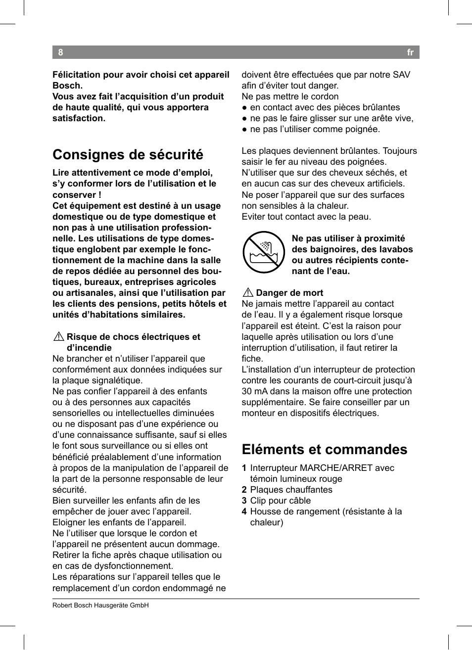 Eléments et commandes, Consignes de sécurité | Bosch PHS3651 Haarglätter BrilliantCare Business User Manual | Page 12 / 64