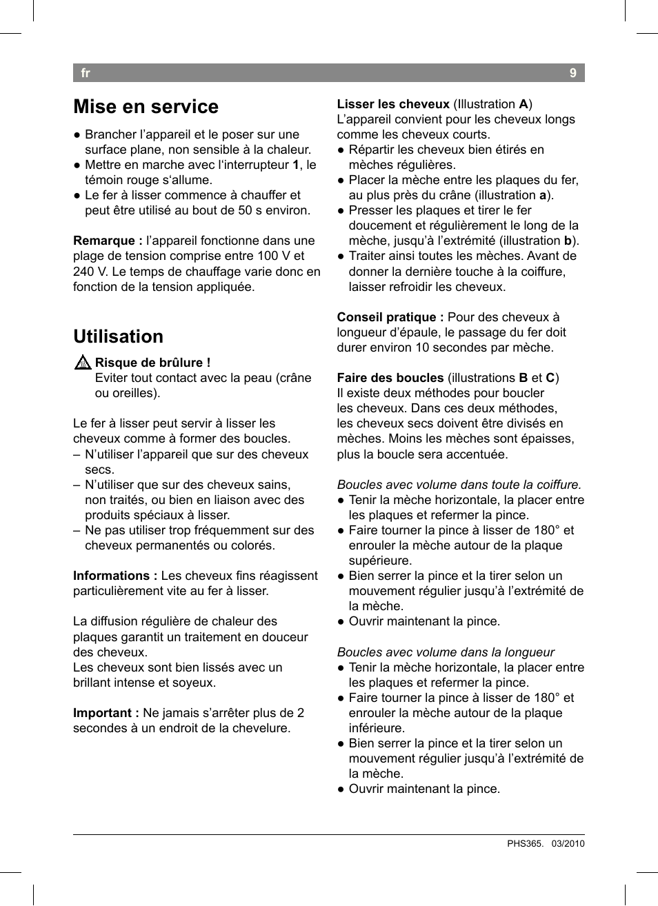 Mise en service, Utilisation | Bosch PHS3651 Haarglätter BrilliantCare Business User Manual | Page 13 / 64