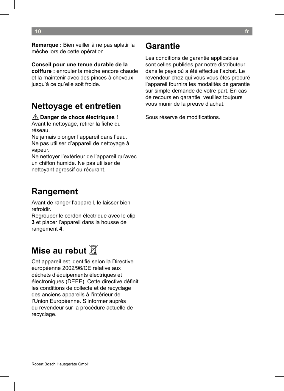 Nettoyage et entretien, Rangement, Mise au rebut | Garantie | Bosch PHS3651 Haarglätter BrilliantCare Business User Manual | Page 14 / 64