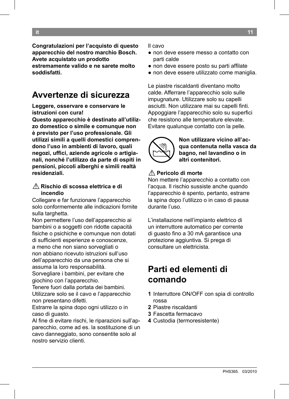 Avvertenze di sicurezza, Parti ed elementi di comando | Bosch PHS3651 Haarglätter BrilliantCare Business User Manual | Page 15 / 64