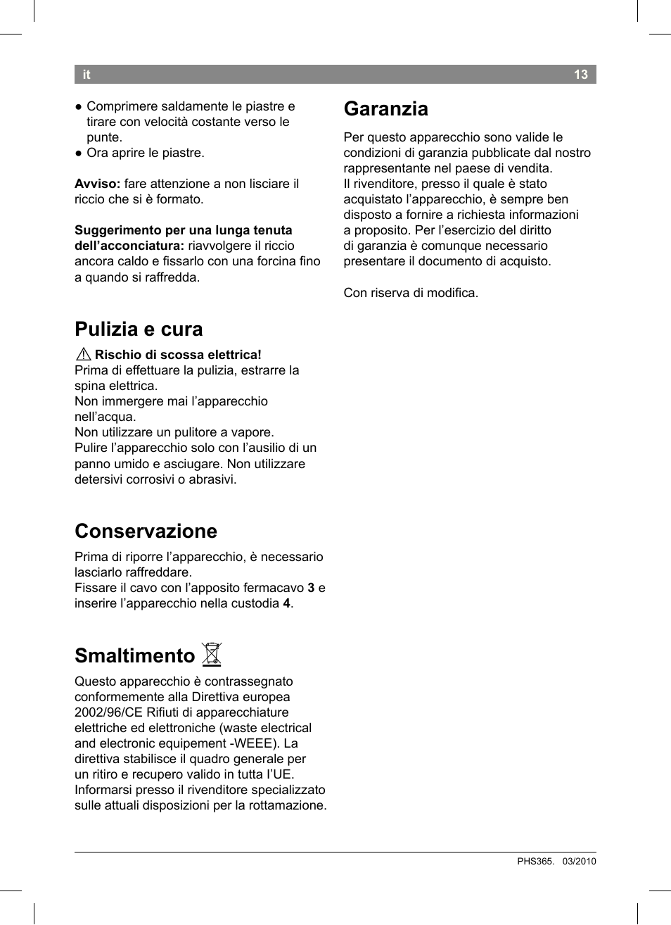 Pulizia e cura, Conservazione, Smaltimento | Garanzia | Bosch PHS3651 Haarglätter BrilliantCare Business User Manual | Page 17 / 64