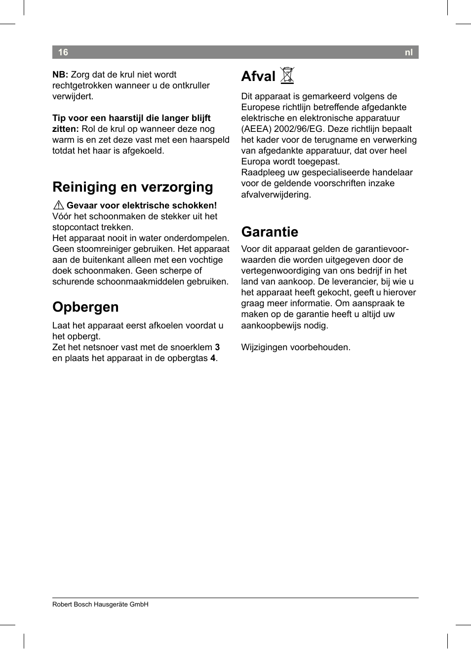 Reiniging en verzorging, Opbergen, Afval | Garantie | Bosch PHS3651 Haarglätter BrilliantCare Business User Manual | Page 20 / 64