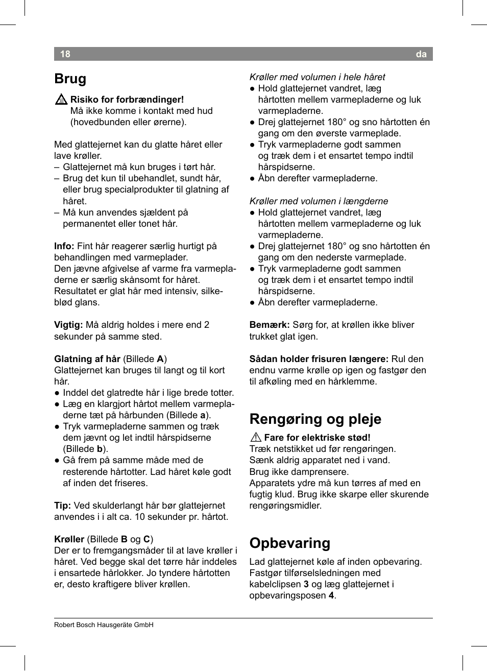 Rengøring og pleje, Opbevaring, Brug | Bosch PHS3651 Haarglätter BrilliantCare Business User Manual | Page 22 / 64