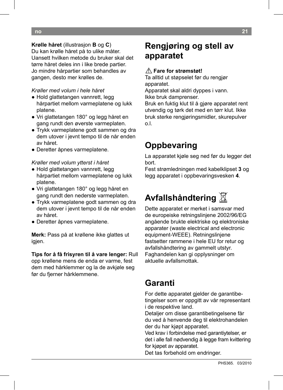 Rengjøring og stell av apparatet, Oppbevaring, Avfallshåndtering | Garanti | Bosch PHS3651 Haarglätter BrilliantCare Business User Manual | Page 25 / 64