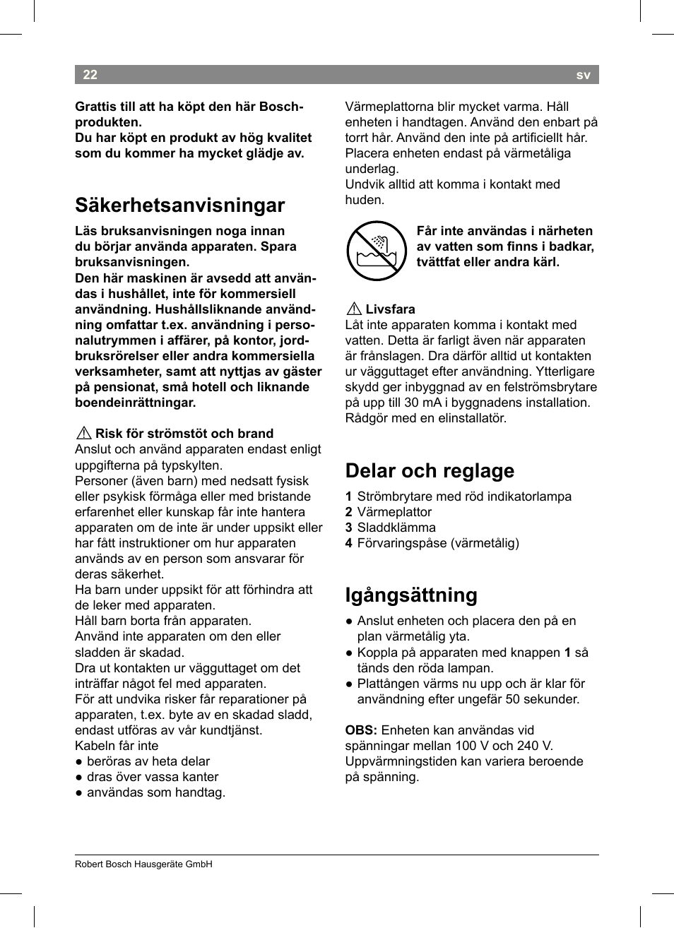 Säkerhetsanvisningar, Delar och reglage, Igångsättning | Bosch PHS3651 Haarglätter BrilliantCare Business User Manual | Page 26 / 64